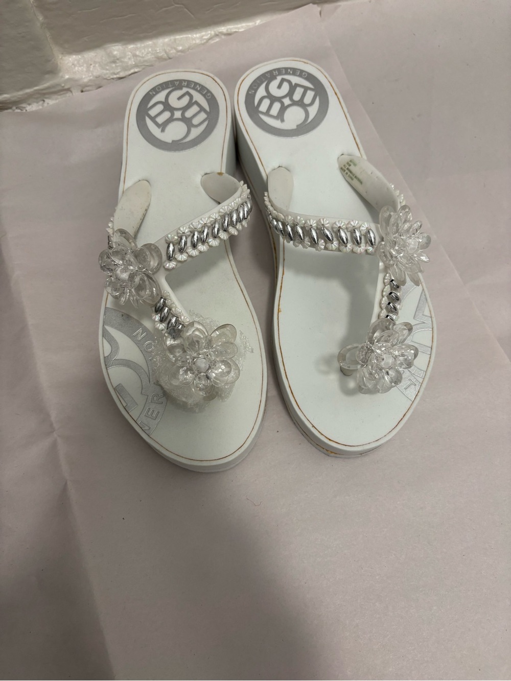 BCBGeneration White Clear Floral Jelly T-Strap Sandals
